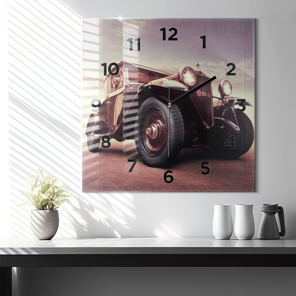 Square glass wall clock Vintage car