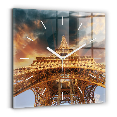 Square glass wall clock The Eiffel Tower against the clouds