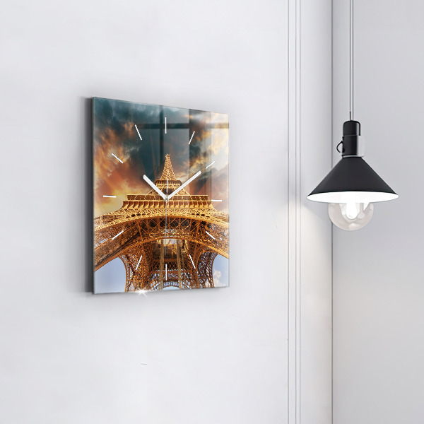 Square glass wall clock The Eiffel Tower against the clouds