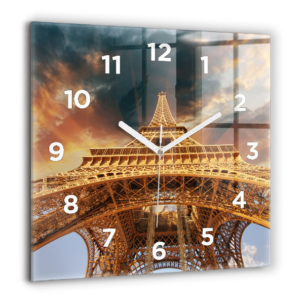 Square glass wall clock The Eiffel Tower against the clouds