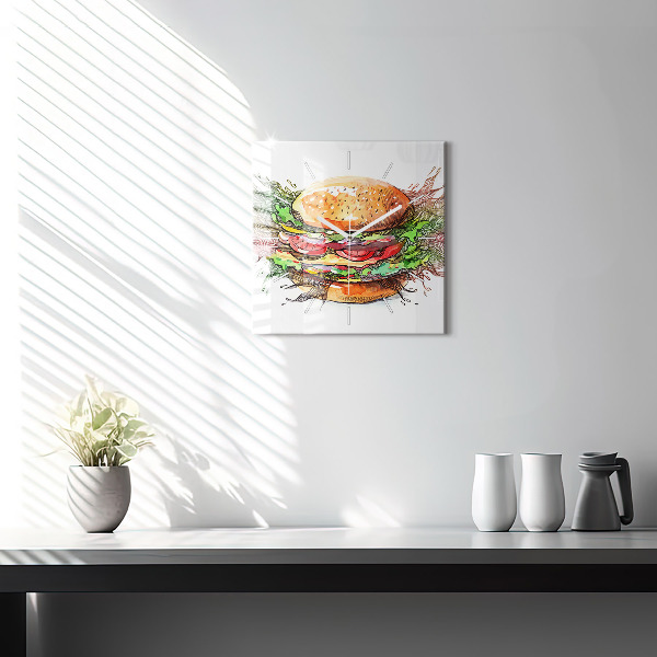 Square glass wall clock XXL Cheese Burger