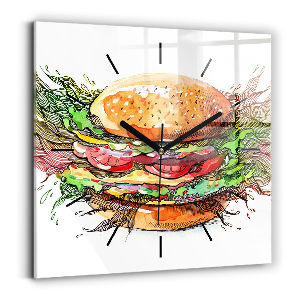 Square glass wall clock XXL Cheese Burger
