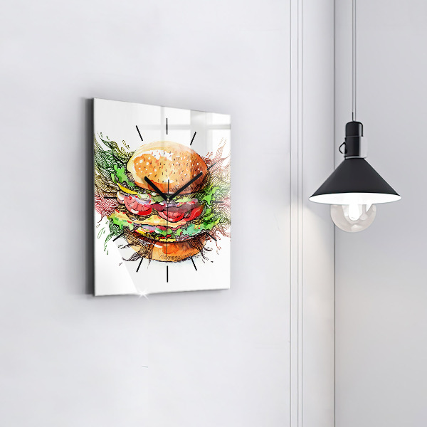 Square glass wall clock XXL Cheese Burger