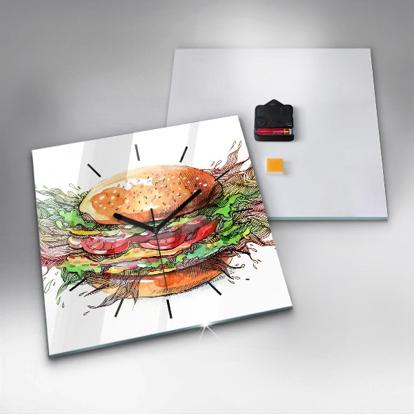 Square glass wall clock XXL Cheese Burger