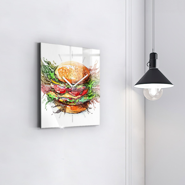 Square glass wall clock XXL Cheese Burger