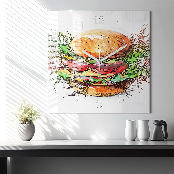 Square glass wall clock XXL Cheese Burger