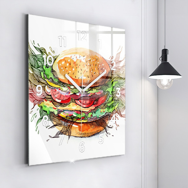 Square glass wall clock XXL Cheese Burger