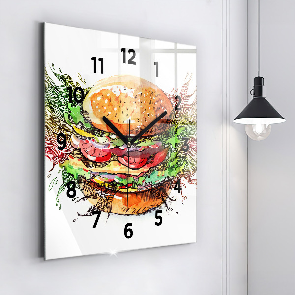 Square glass wall clock XXL Cheese Burger