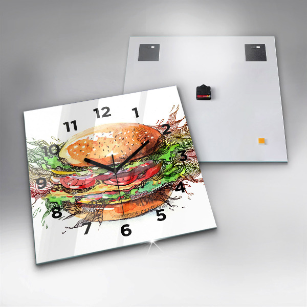 Square glass wall clock XXL Cheese Burger