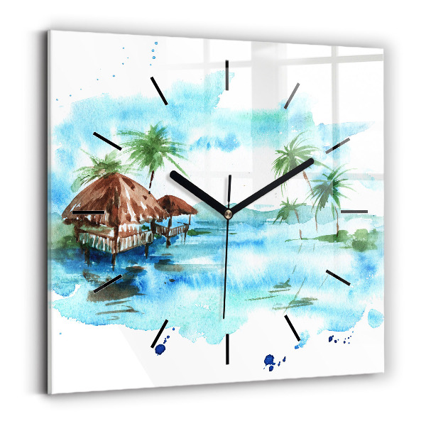 Square glass wall clock Picture of a deserted island