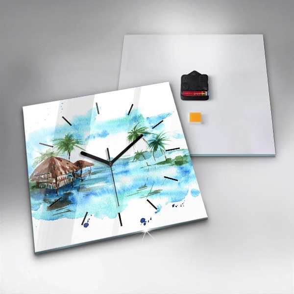 Square glass wall clock Picture of a deserted island
