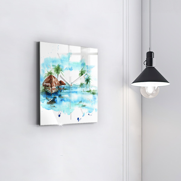 Square glass wall clock Picture of a deserted island