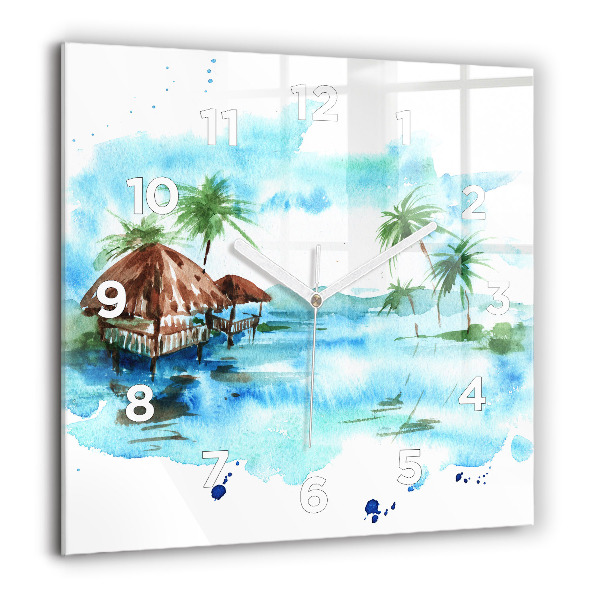 Square glass wall clock Picture of a deserted island