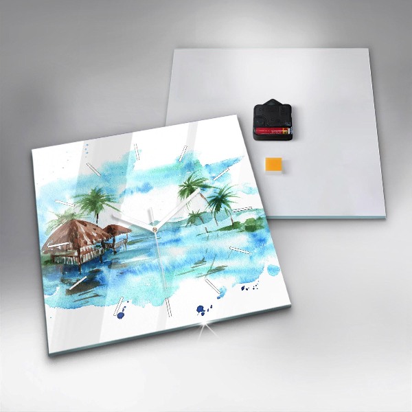 Square glass wall clock Picture of a deserted island