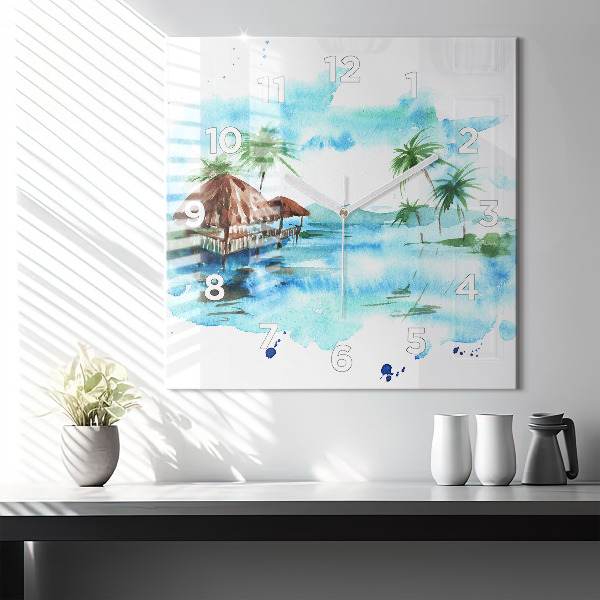 Square glass wall clock Picture of a deserted island