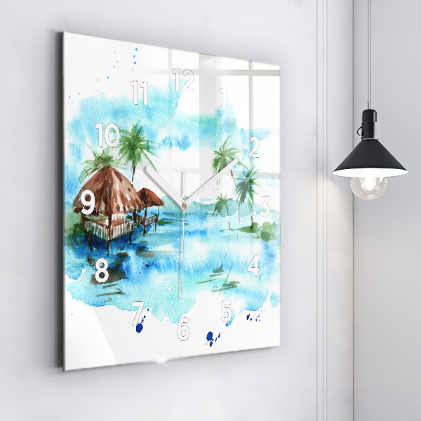 Square glass wall clock Picture of a deserted island