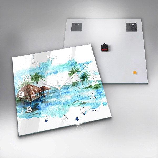 Square glass wall clock Picture of a deserted island