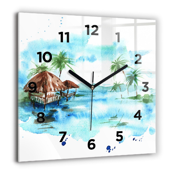 Square glass wall clock Picture of a deserted island