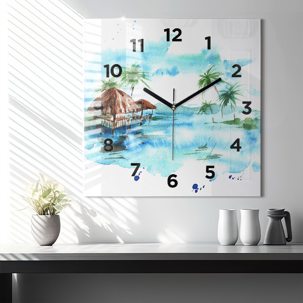 Square glass wall clock Picture of a deserted island