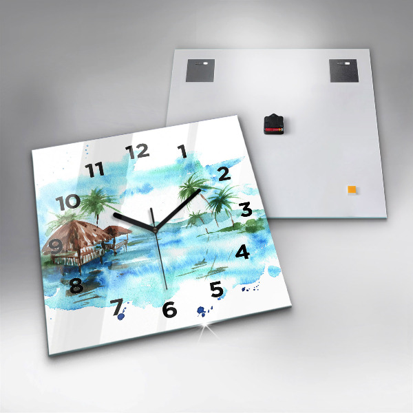 Square glass wall clock Picture of a deserted island