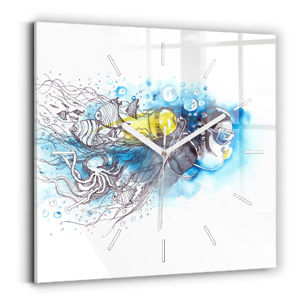 Square glass wall clock Underwater fish life