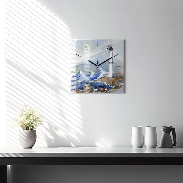 Square glass wall clock The sea and the lighthouse
