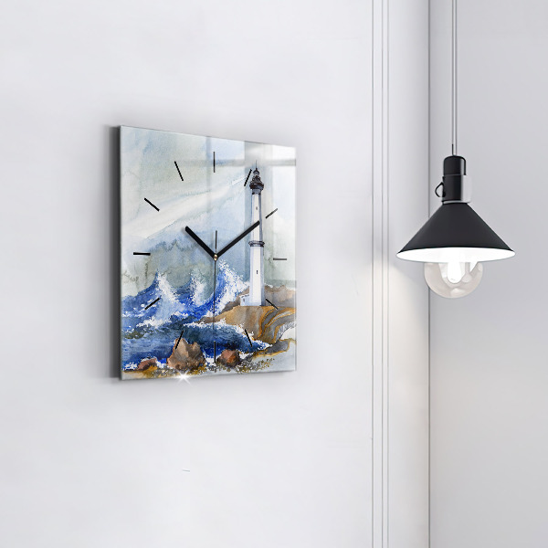Square glass wall clock The sea and the lighthouse