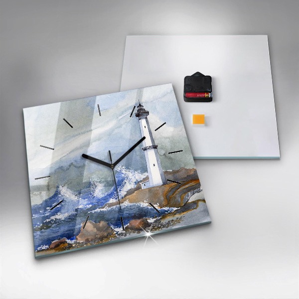Square glass wall clock The sea and the lighthouse