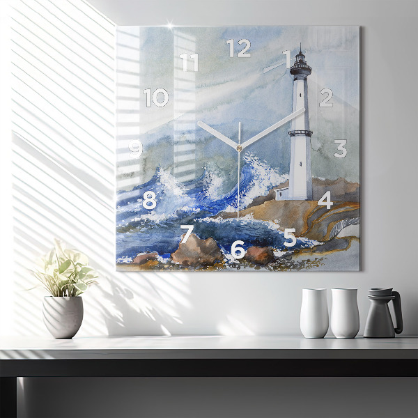 Square glass wall clock The sea and the lighthouse