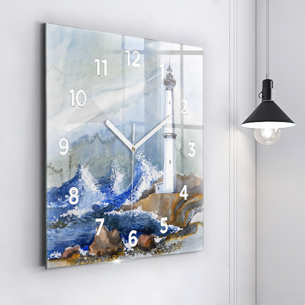 Square glass wall clock The sea and the lighthouse