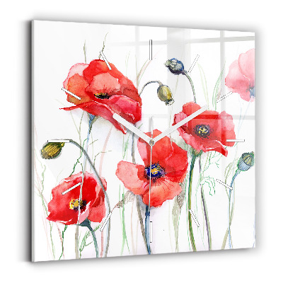 Square glass wall clock Painted Red Poppies