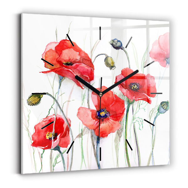 Square glass wall clock Painted Red Poppies