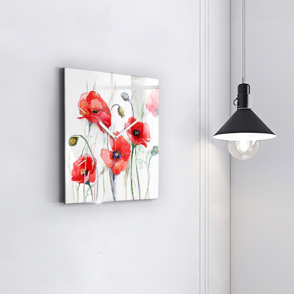 Square glass wall clock Painted Red Poppies