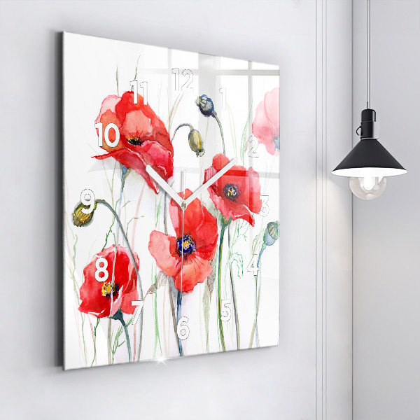 Square glass wall clock Painted Red Poppies
