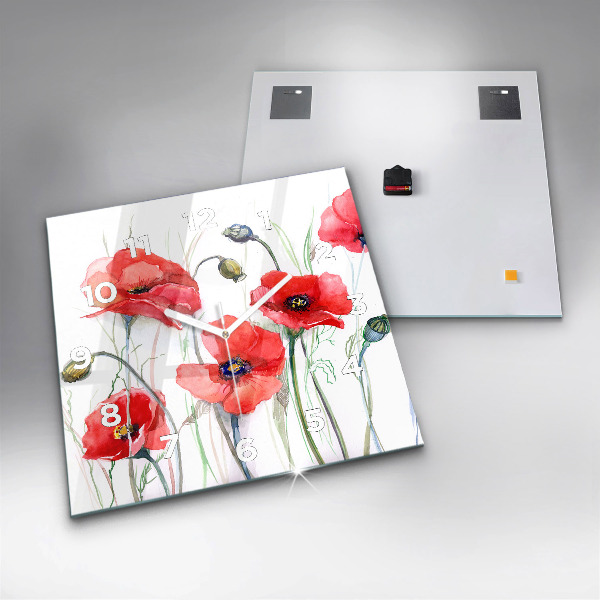Square glass wall clock Painted Red Poppies