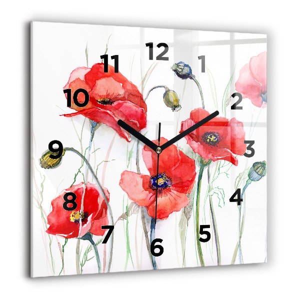 Square glass wall clock Painted Red Poppies