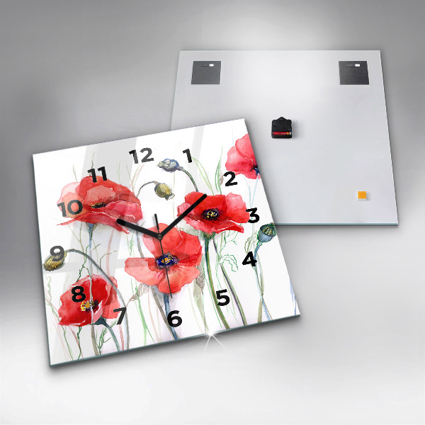Square glass wall clock Painted Red Poppies