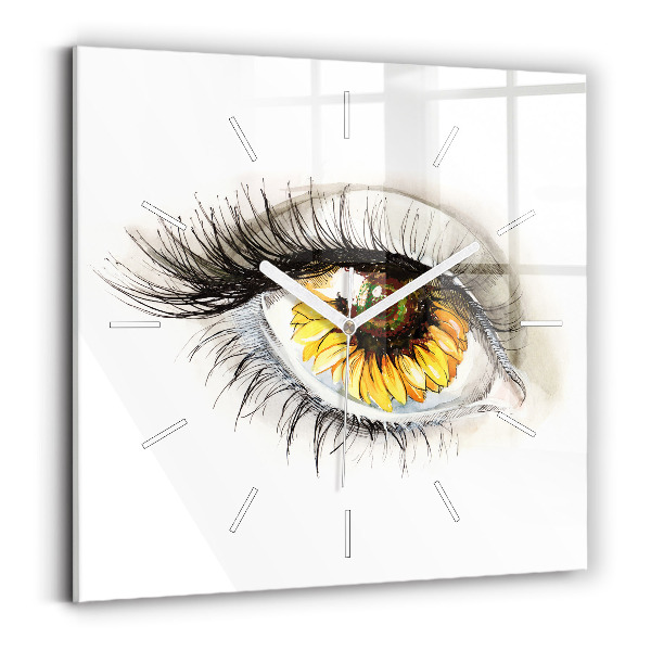 Square glass wall clock Sunflower flower in the eye