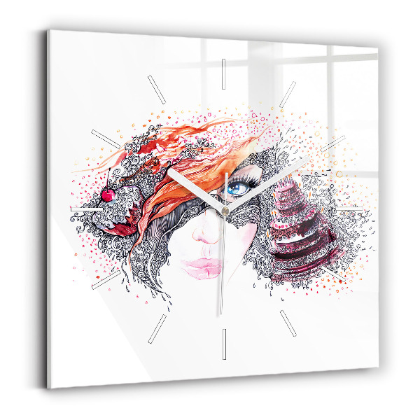 Square glass wall clock Sweet woman with cake