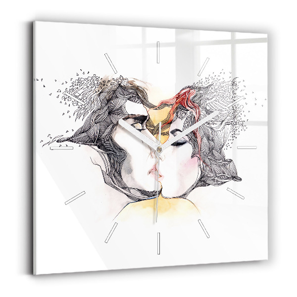 Square glass wall clock Love kiss drawing