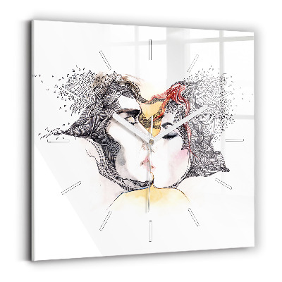 Square glass wall clock Love kiss drawing