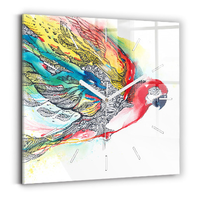 Square glass wall clock Colorful Parrot in Flight