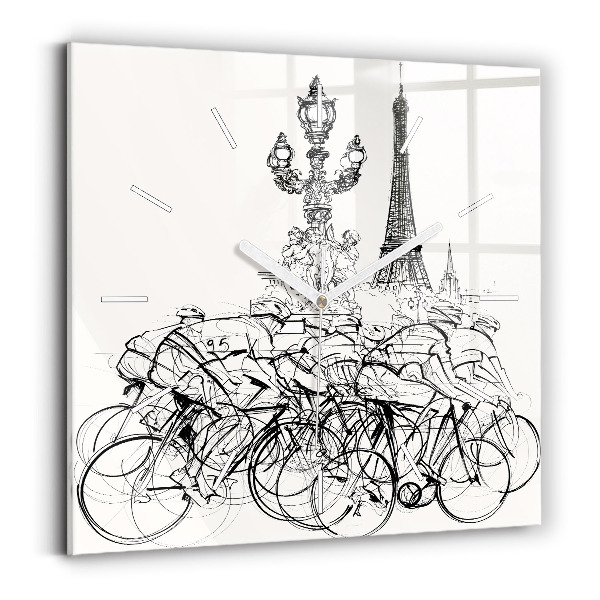 Square glass wall clock Cycling race drawing