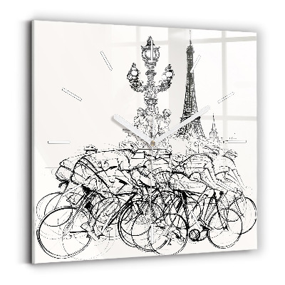 Square glass wall clock Cycling race drawing