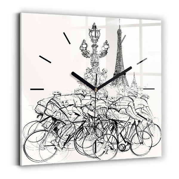 Square glass wall clock Cycling race drawing