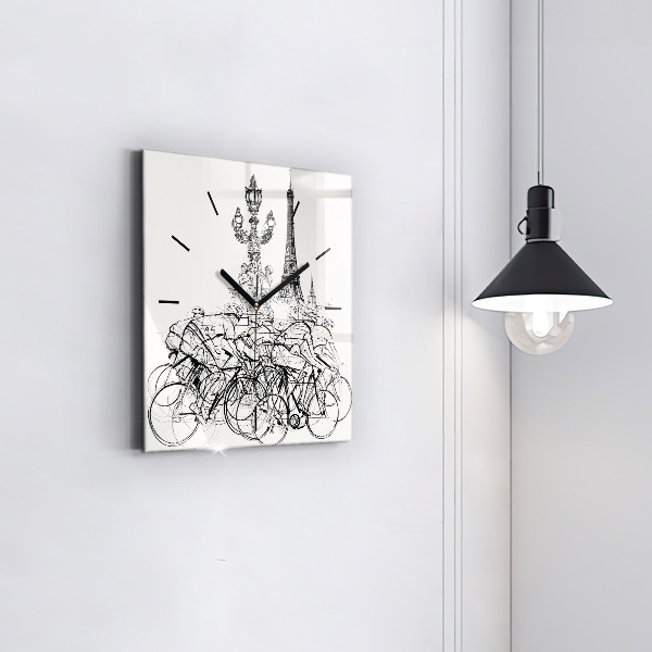 Square glass wall clock Cycling race drawing