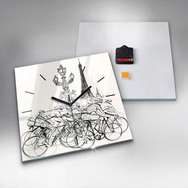 Square glass wall clock Cycling race drawing