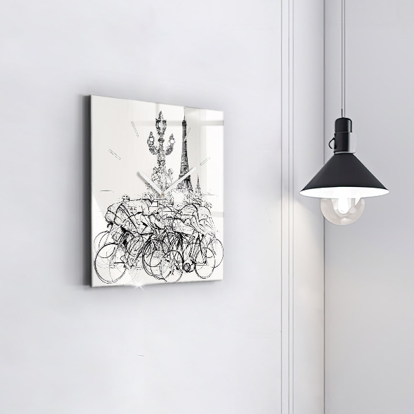 Square glass wall clock Cycling race drawing