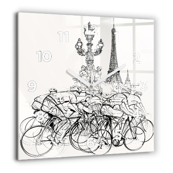 Square glass wall clock Cycling race drawing