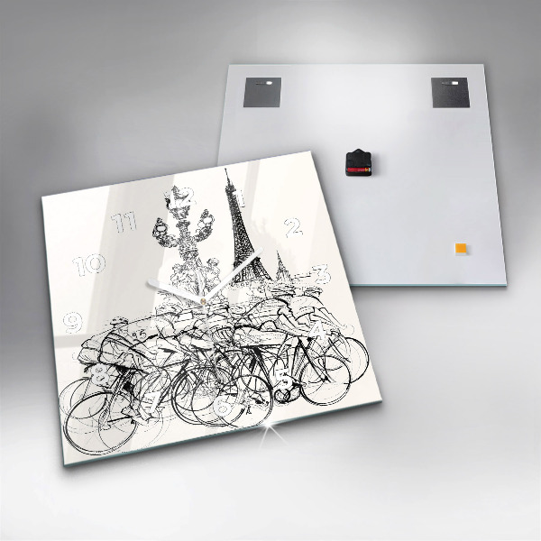 Square glass wall clock Cycling race drawing